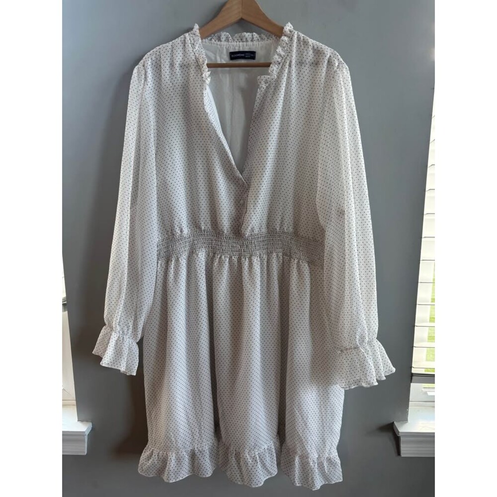 BloomChic 3XL Polka Dot Long Sleeve Dress White Smocked Waist Ruffle Plus Size